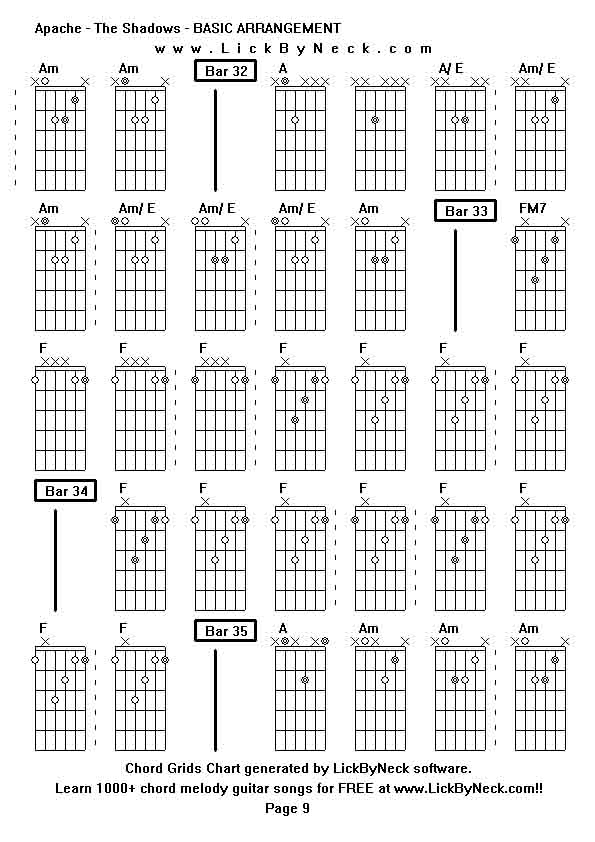 Chord Grids Chart of chord melody fingerstyle guitar song-Apache - The Shadows - BASIC ARRANGEMENT,generated by LickByNeck software.